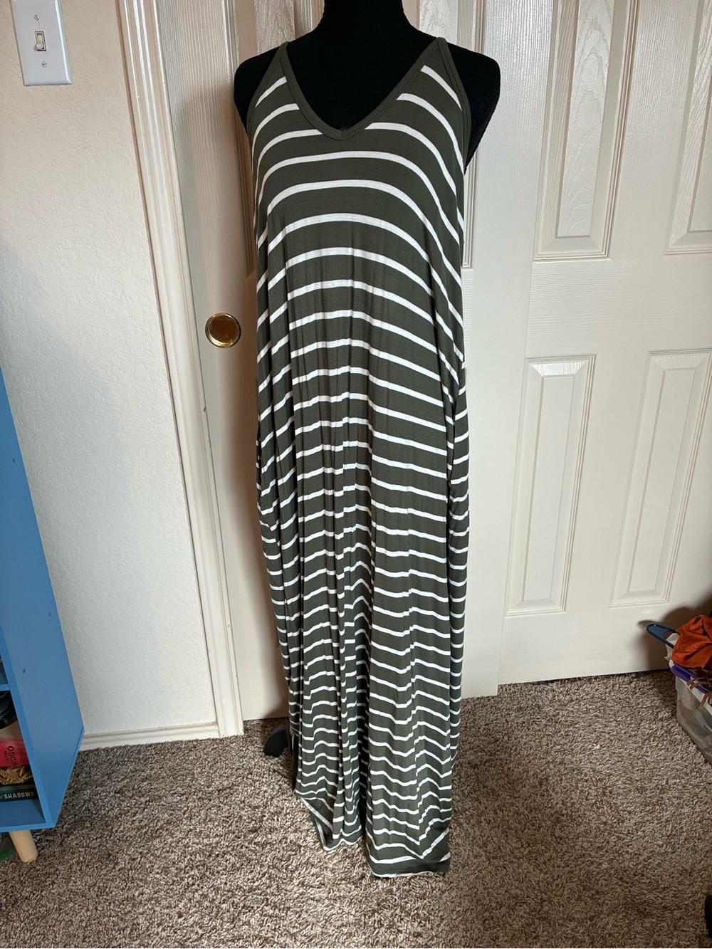 Zenana Outfitters Olive and White Striped V-Neck Maxi Dress